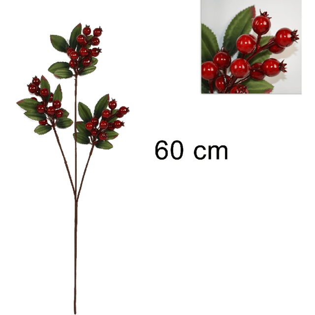 Χριστουγεννιάτικο Κλαδί με Κόκκινα Γκί και Φύλλα 60cm