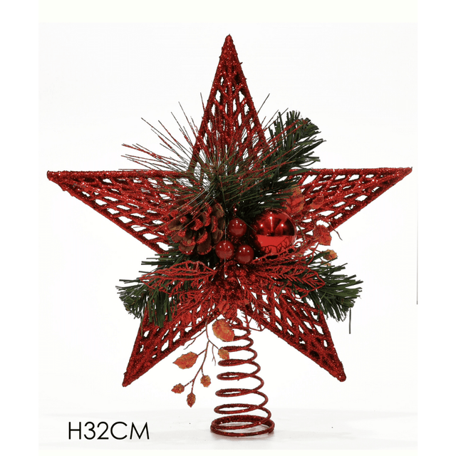 Κορυφή Δέντρου Αστέρι με Στολίδια Πλαστικό Κόκκινο 32cm