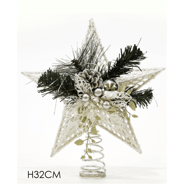 Κορυφή Δέντρου Αστέρι με Στολίδια Πλαστικό Λευκό 32cm