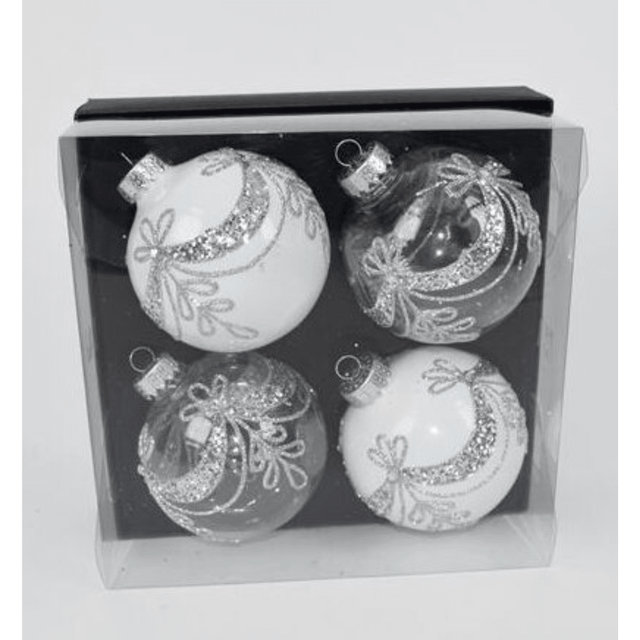 Μπάλα Λευκό-Ασημί 9cm 4τμχ. Πλαστικές Χριστουγεννιάτικη Welkhome