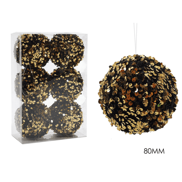 Μπάλα Μαύρη 8cm 6τμχ. Χριστουγεννιάτικη με Χρυσές Πούλιες General Trade