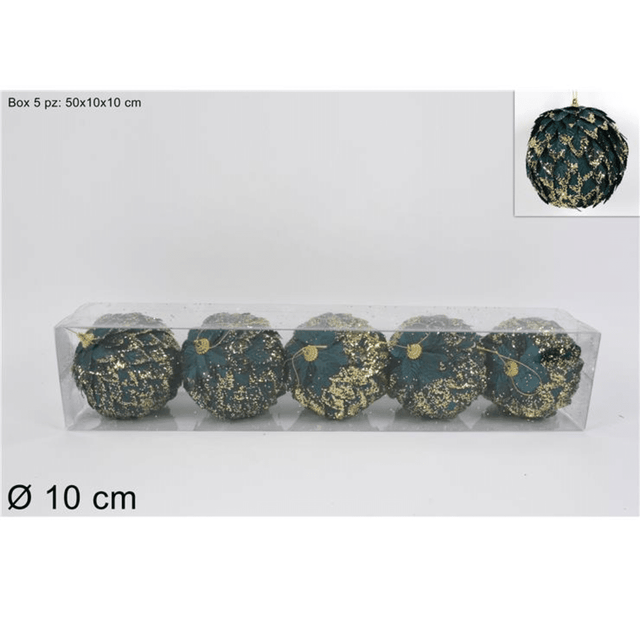 Μπάλα Πράσινη 10cm 5τμχ. Πλαστική με Χρυσό Γκλίτερ Χριστουγεννιάτικη Welkhome