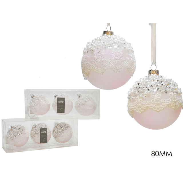 Μπάλα Ροζ 8cm 3τμχ. Γυάλινες με Διακοσμητικές Πέρλες Χριστουγεννιάτικη General Trade