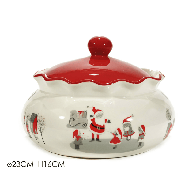 Μπισκοτιέρα Χριστουγεννιάτικη Πορσελάνινη Λευκή με Κόκκινο Καπάκι 23x16cm General Trade
