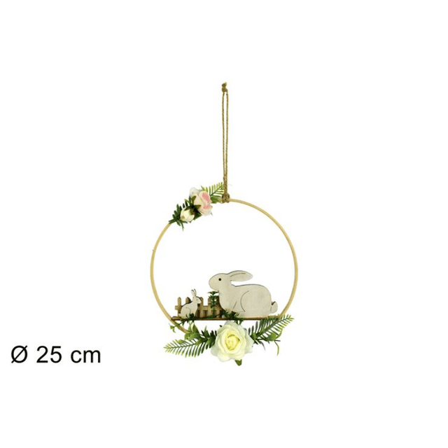 Πασχαλινό Ξύλινο Κρεμαστό με Λαγούς και Λουλούδια Φ25cm Welkhome