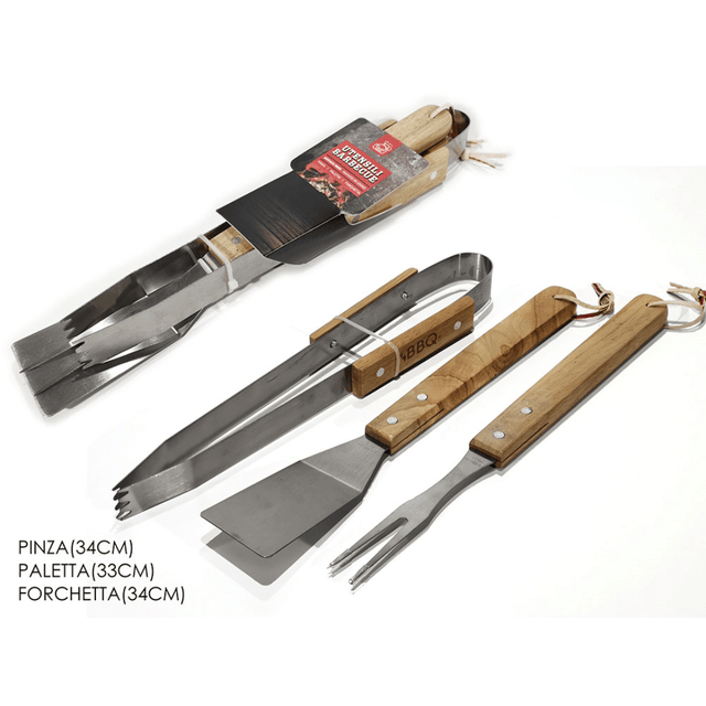 Σετ 3 Εργαλεία BBQ Ανοξείδωτα με Ξύλινη Λαβή 34cm Art.727303 General Trade