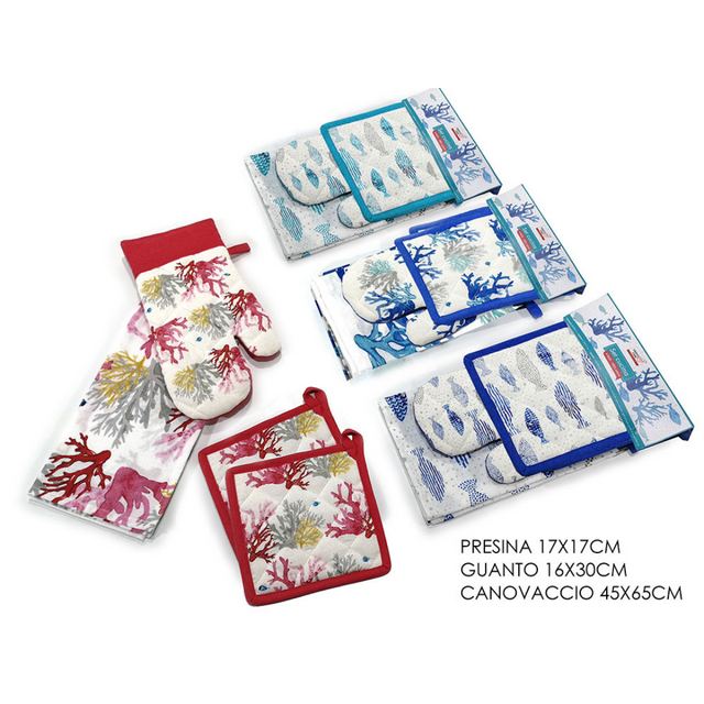 Γάντι – Πιάστρα Κουζίνας - Πετσέτα Σετ 3τμχ. Υφασμάτινη Καλοκαιρινό Σχέδιο General Trade - Γαλάζιο