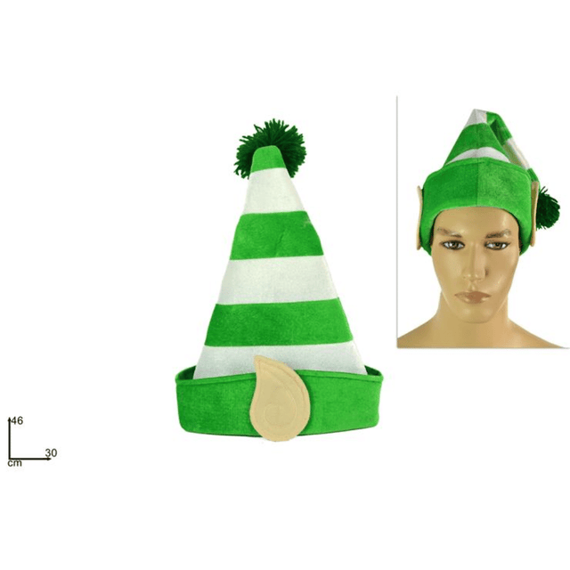 Σκούφος Ξωτικού Ενηλίκων με Αυτιά Ριγέ Πράσινο Λευκό 46x30cm Welkhome