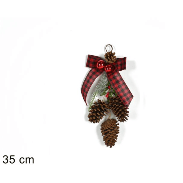 Φιόγκος Χριστουγεννιάτικος Κόκκινος με Κρεμαστά Κουκουνάρια 35cm Welkhome