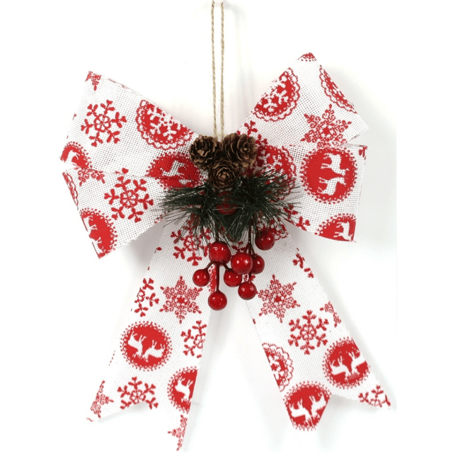 Φιόγκος Χριστουγεννιάτικος Υφασμάτινος Λευκός Με Κόκκινα Σχέδια 28x4x23cm Welkhome