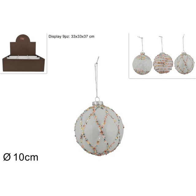 Μπάλα Λευκή 10cm Χριστουγεννιάτικη με Ιριδίζον Χάντρες Welkhome