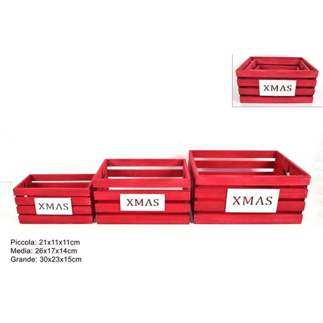 Καλάθια Σετ 3τμχ. Ξύλινα Αποθήκευσης Κόκκινο με Επιγραφή XMAS Welkhome
