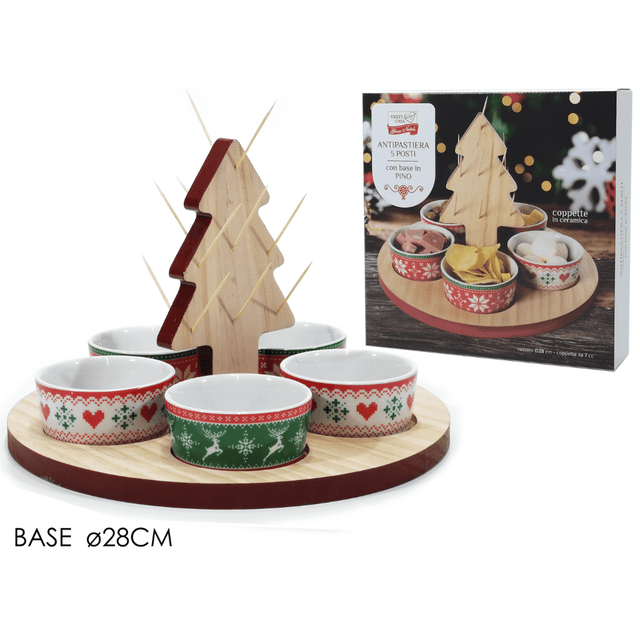 Πιατέλα Ξύλινη 28cm με 5 Μπώλ Σερβιρίσματος Χριστουγεννιάτικη Vesti Casa