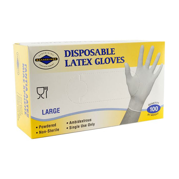 Γάντια Μιας Χρήσης Λάτεξ (Large) Με Πούδρα σε Λευκό Χρώμα 100τμχ (Θαλασσινός)