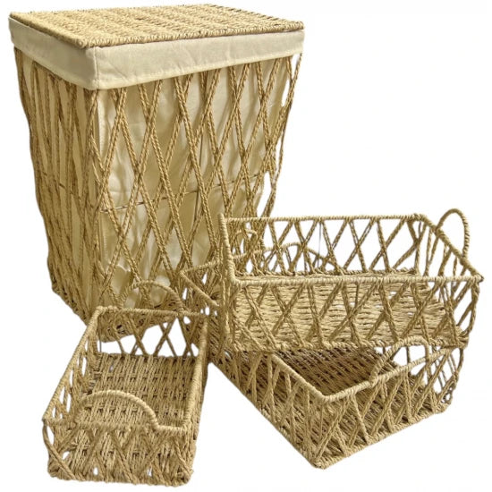 Σετ Καλάθι Απλύτων με 3 Καλάθια Τακτοποίησης Πλεκτά από Μέταλλο και Σχοινί Μπεζ 36x26,5x47cm TNS