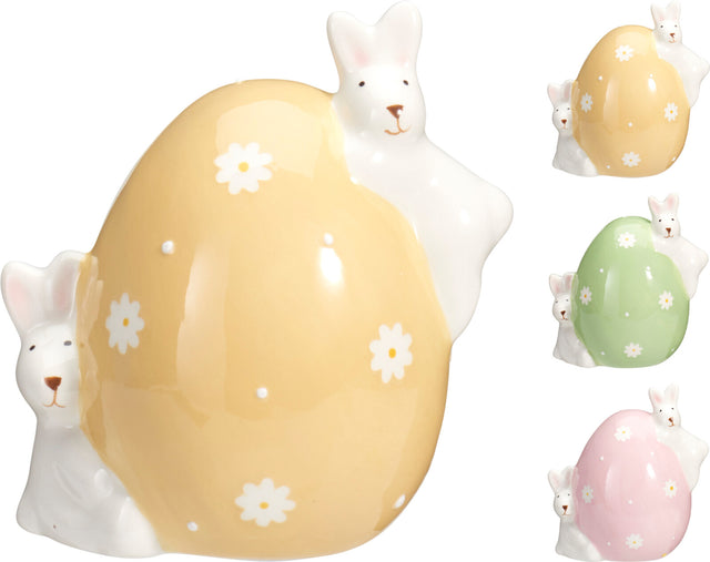 Αυγό Κεραμικό Διακοσμητικό με Λαγουδάκια 10cm σε 3 Χρώματα