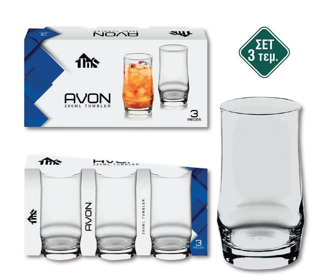 Ποτήρια Γυάλινα Σετ 3τμχ Διάφανα 280ml (Avon Tumbler) TnS 03-950-3530