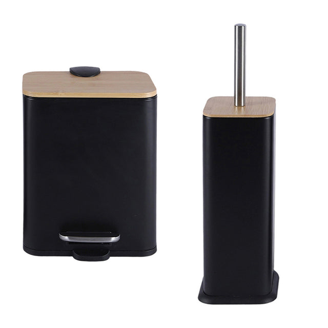 Σετ Πιγκάλ και Πεντάλ 5L Μεταλλικό με Bamboo Καπάκι Μαύρο 25x14x28cm