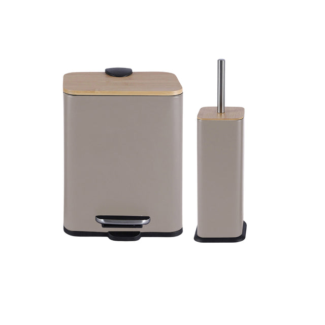 Σετ Πιγκάλ και Πεντάλ 5L Μεταλλικό με Bamboo Καπάκι Μπέζ 25x14x28cm