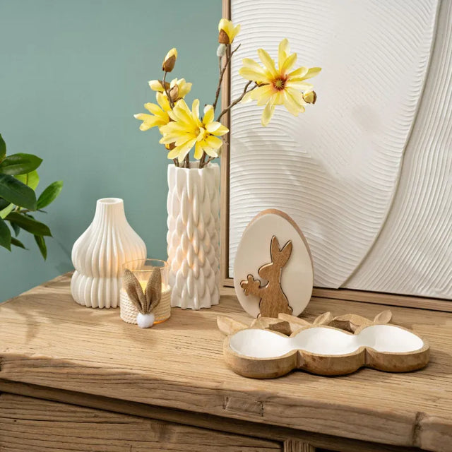 Διακοσμητικός Δίσκος Πασχαλινό Σχέδιο με Αυτιά Λαγού από Ξύλο Mango 6x6x24cm