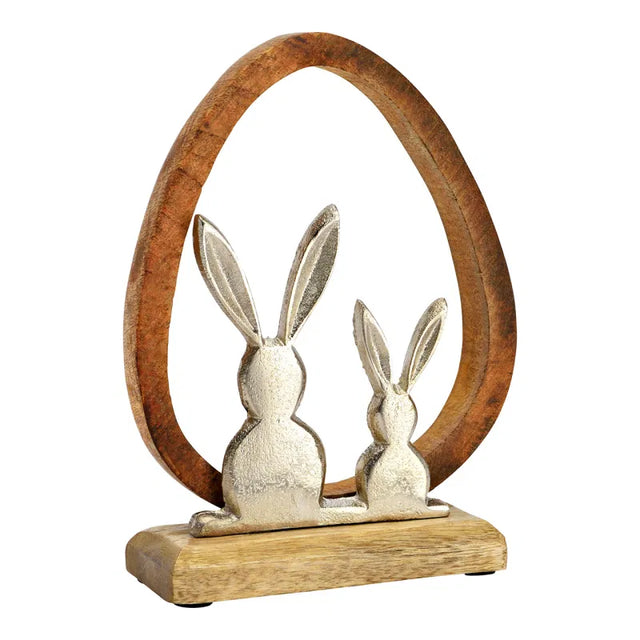 Πασχαλινό Διακοσμητικό απο Ξύλο Mango σε Σχήμα Αυγού με Μεταλλικά Λαγουδάκια 14x19x5cm