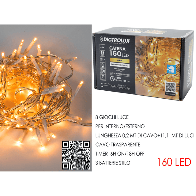 160Led Χριστουγεννιάτικα Φωτάκια Μπαταρίας Θερμό Λευκό Φως Διάφανο Καλώδιο 11.1m με Πρόγραμμα Vesti Casa