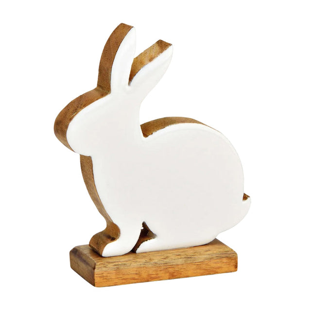 Κουνέλι Διακοσμητικό Λευκό σε Ξύλινη Βάση από Ξύλο Mango 14x18x5cm
