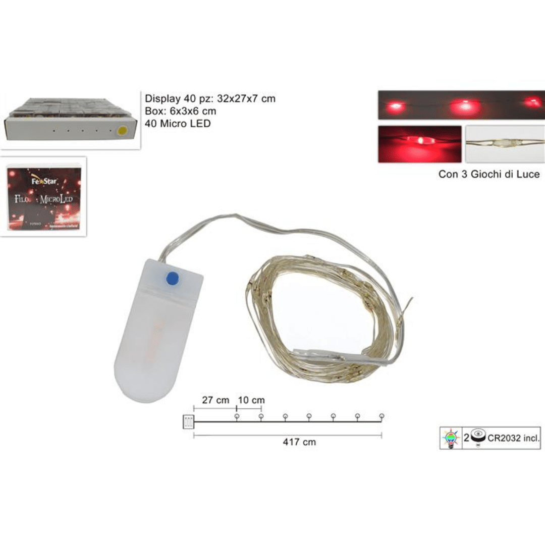 40Led Χριστουγεννιάτικα Λαμπάκια Μπαταρίας Κόκκινο Φώς Καλώδιο Σύρμα 4,17m με Πρόγραμμα Welkhome