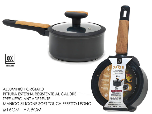 Κατσαρολάκι 16cm με Αντικολλητική Επίστρωση, γυάλινο Καπάκι και Λαβή Σιλικόνης με όψη ξύλου