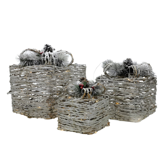 70Led  Χριστουγεννιάτικο Φωτιζόμενο Σχέδιο Δώρο Ξύλινο Σετ 3Τεμ Μπαταρίας Θερμό Λευκό Φως 15x20x25cm