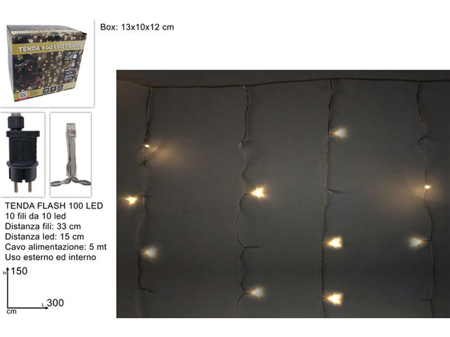 100Led FLASH Κουρτίνα Χριστουγεννιάτικα Φωτάκια Θερμό Λευκό Διάφανο Καλώδιο 3x1.5mt