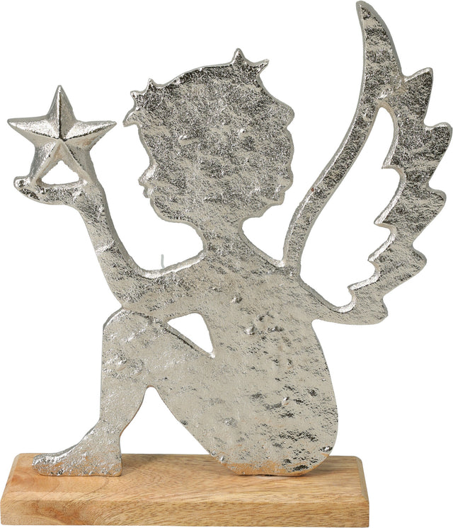 Αγγελάκι Διακοσμητικό Ασημί Μεταλλικό σε Ξύλινη Mango Βάση 16cm