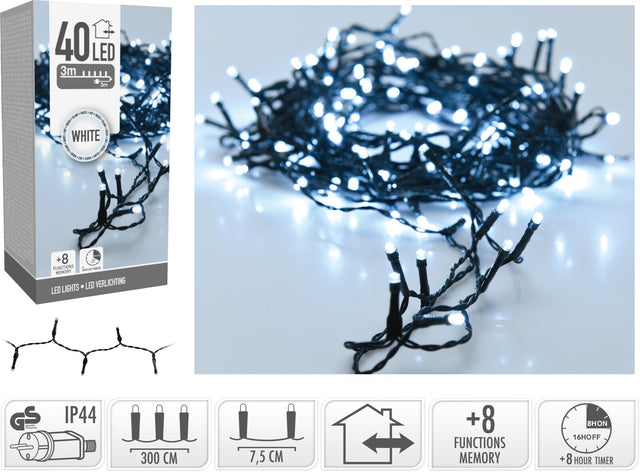 40 Led Χριστουγεννιάτικα Φωτάκια Λευκό Φώς Πράσινο Καλώδιο 3m με Πρόγραμμα