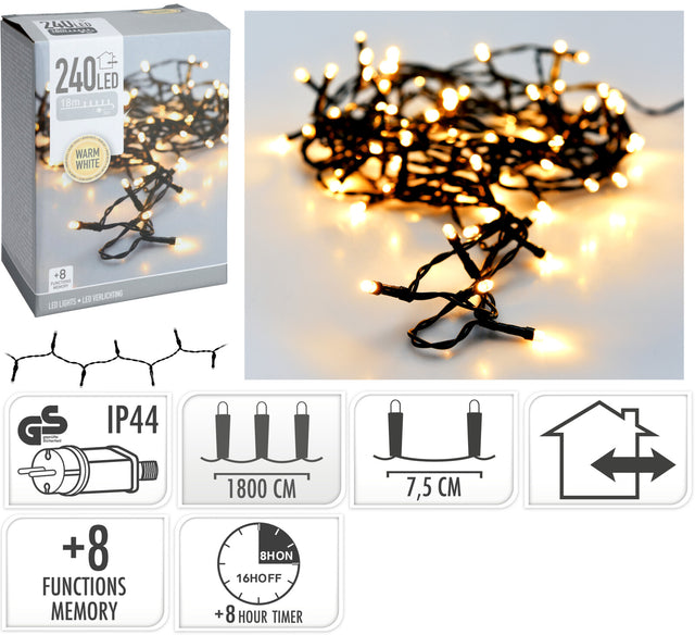 240 Led Χριστουγεννιάτικα Φωτάκια Θερμό Λευκό Φώς Πράσινο Καλώδιο 18m με Πρόγραμμα