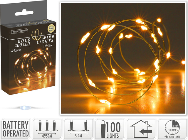 100 Led Χριστουγεννιάτικα Φωτάκια Μπαταρίας Θερμό Φώς Copper Καλώδιο Σύρμα Χρυσό 4.95m