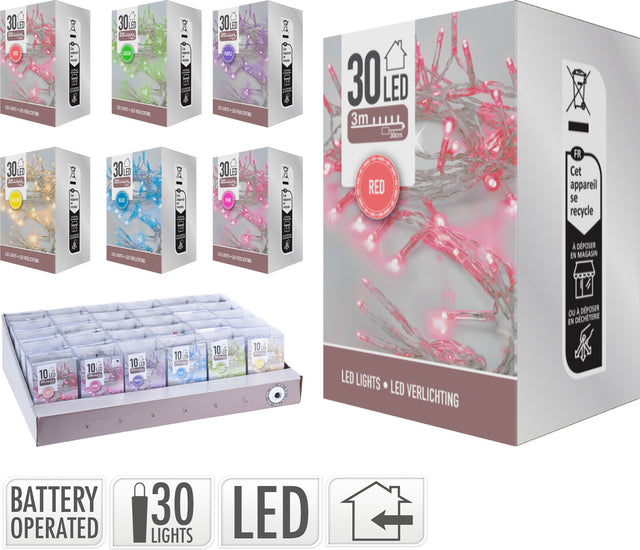 30 Led Χριστουγεννιάτικα Φωτάκια Μπαταρίας Fluo Πολύχρωμο Φώς Διάφανο Καλώδιο 3m