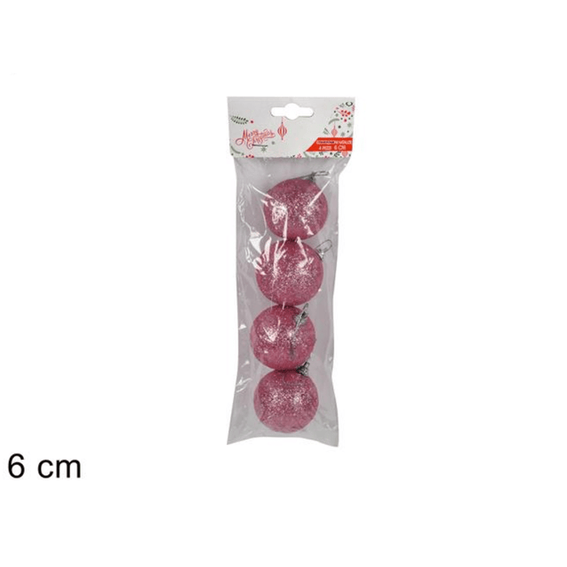Μπάλα Ρόζ 6cm 4τμχ. Πλαστική Χριστουγεννιάτικη DUE2022-PINK Welkhome