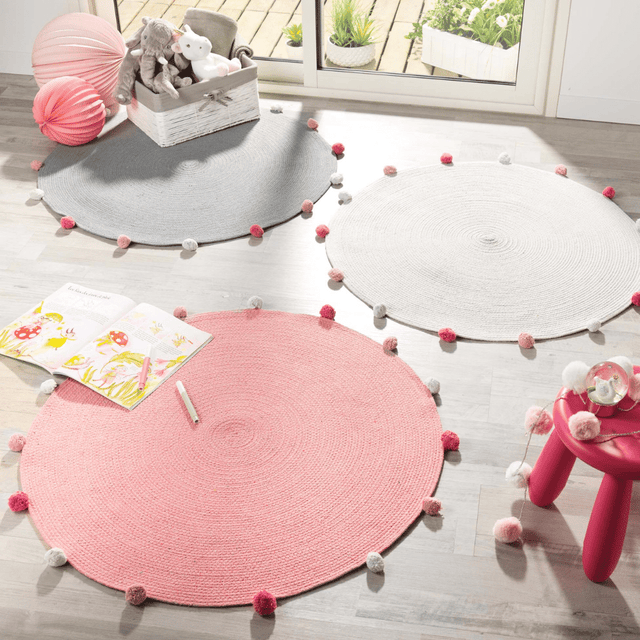 Χαλί Στρόγγυλο με Περιμετρικά pon-pon Γκρι 90cm poly/cotton