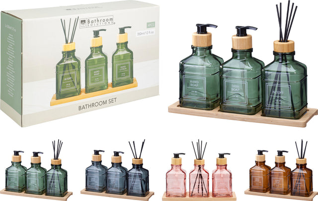 Σετ Αξεσουάρ Μπάνιου 3/τεμ Γυάλινα σε Ξύλινη Βάση