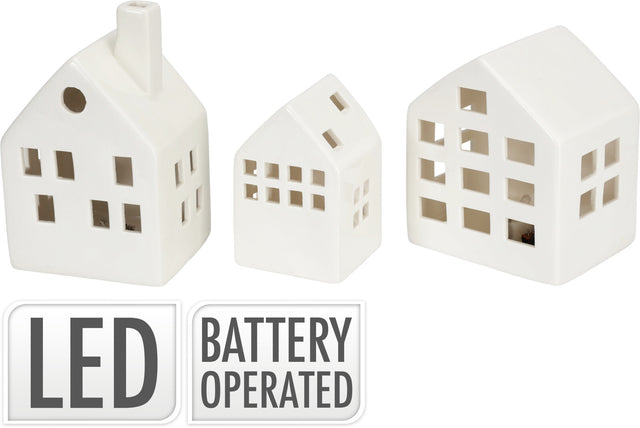 Σετ 3/τεμ Σπιτάκια Κεραμικά Φωτιζόμενα Μπαταρίας15cm Χρώμα Λευκό