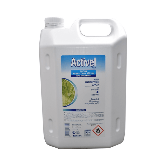 Farcom Activel Λοσιόν 4000ml 70% Αλκοόλη Απολυμαντικό Επιφανειών Με Γλυκερίνη &amp; Αλόη Βέρα