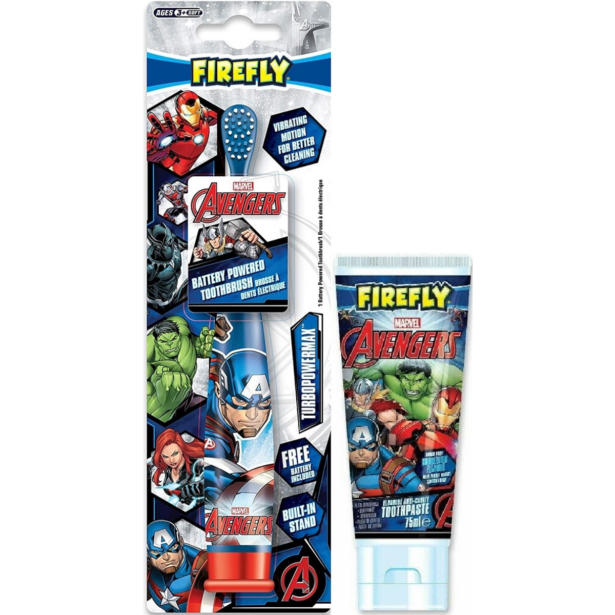 Firefly Marvel Avengers 2τμχ Captain America 6 Battery Powered Toothbrush Οδοντόβουρτσα Ηλεκτρική Soft Οδοντόκρεμα 75ml.