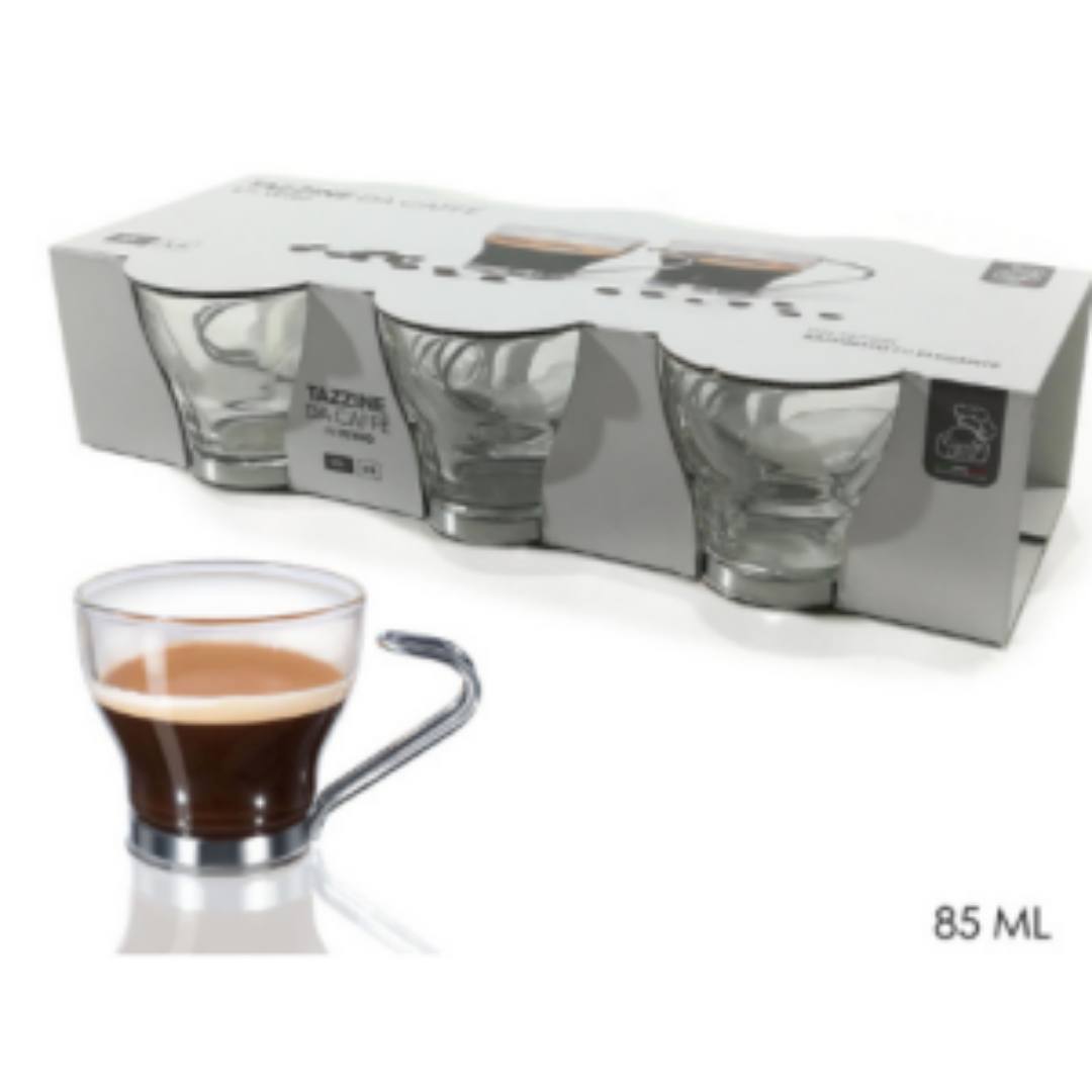 Φλυτζάνια Καφέ Espresso Σετ 6Τεμ. Γυάλινα με Μεταλλικό Χερούλι 85ml