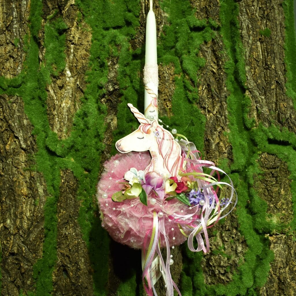 Λαμπάδα Μονόκερος Ξύλινος με Ροζ Πονπον 40cm Χειροποίητη Art 98.29.4172