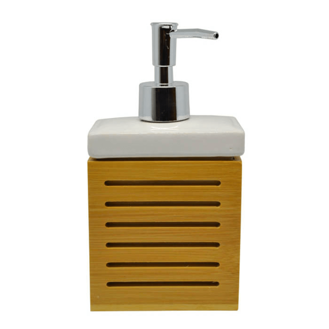 Υγρό Σαπουνιού Dispenser Κεραμικό Λευκό Με Θήκη Απο Ξύλο Μπαμπού 10x6x19cm ANKOR