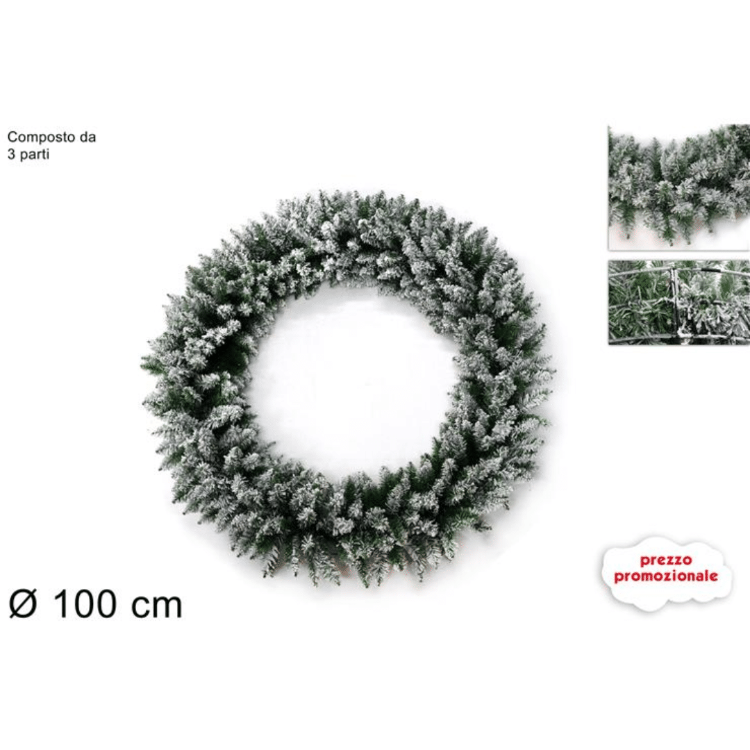 Στεφάνι Διακοσμητικό Χριστουγεννιάτικο Πράσινο Χιονισμένο Φ100cm Welkhome