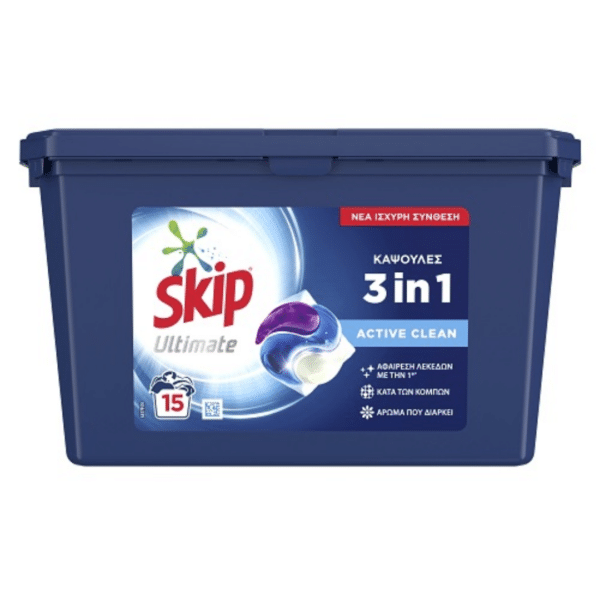 Skip 3 In 1 Ultimate Active Clean Απορρυπαντικό Κάψουλες 15τεμ Πλυντηρίου Ρούχων