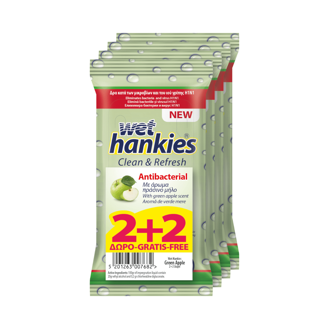 ΜΕΓΑ Wet Hankies Clean Refresh Green Apple Αντιβακτηριδιακά Μαντηλάκια 2 2 Δώρο 60τμχ