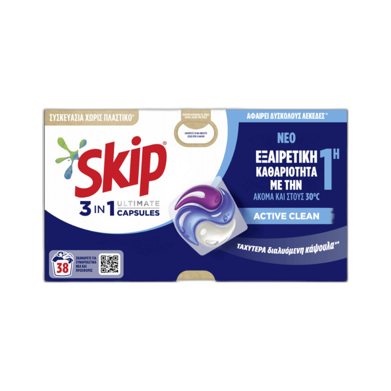 Skip 3 In 1 Ultimate Active Clean Απορρυπαντικό Κάψουλες 38τεμ Πλυντηρίου Ρούχων